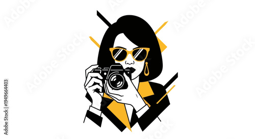 Woman photographer with camera in modern graphic illustration style