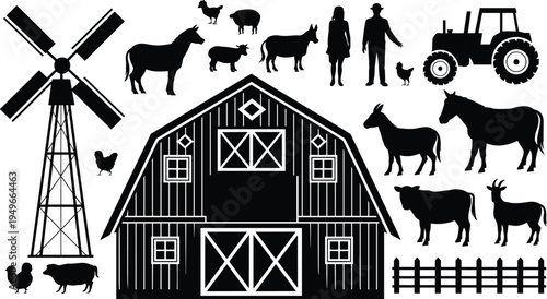 Farm agriculture silhouette set, barn windmill tractor farmer livestock animals rural farming icons isolated vector illustration collection design