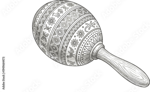 Intricately designed hand-shaker illustration, depicting a traditional maraca with ornate patterns, perfect for cultural music themes and rhythmic celebration visuals