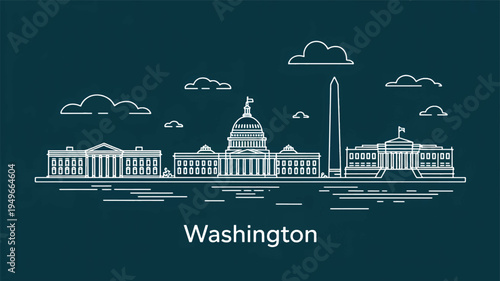 A modern Christmas greeting card design features Washington DC skyline with buildings and monuments on a festive holiday card