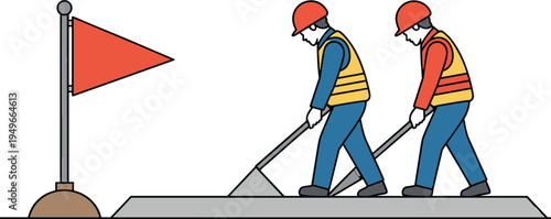 Landmine detection workers illustration, humanitarian demining team with metal detector, minefield warning flag safety awareness vector concept