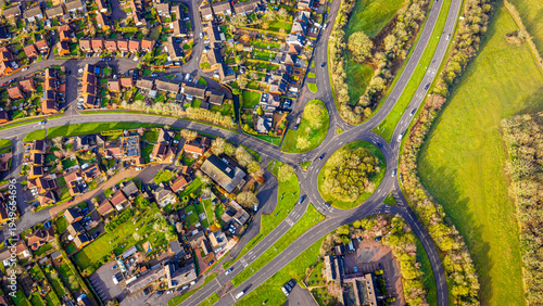 Drone aerial of Field Head village and suburban housing, Leicestershire UK
