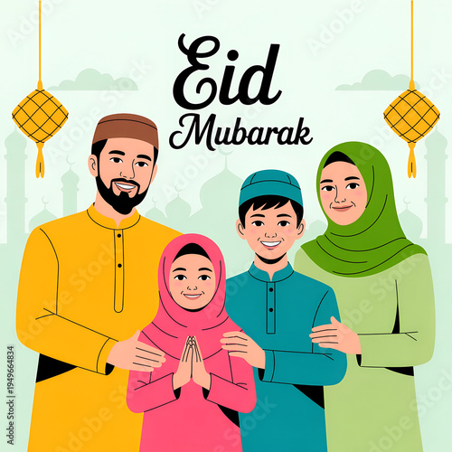 Smiling cartoon vector illustration of a happy family with father, mother, and children in hand, featuring a kid and boy sharing love and designSmiling cartoon vector illustration of a ha