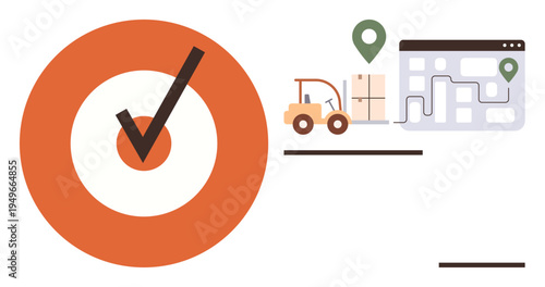 Supply chain, delivery tracking, shipment, logistics, e-commerce, planning. Orange circle with checkmark, forklift map with route and location pins. Supply chain and delivery tracking concept