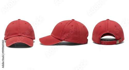 Three views of a classic red baseball cap, showcasing its front, side, and back profiles against a clean white background.