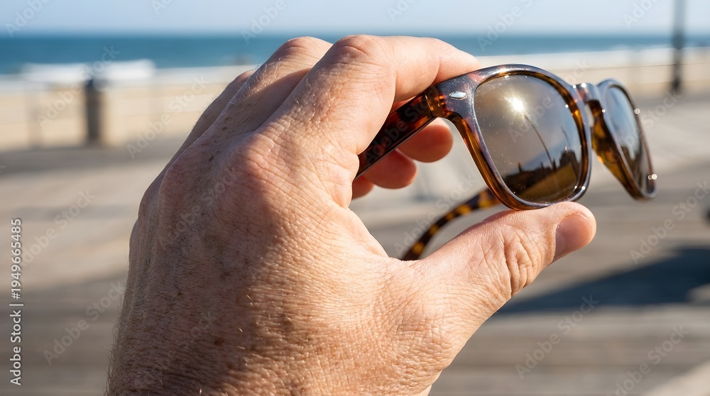 Fototapeta premium A hand holding sunglasses on a boardwalk by the ocean on a sunny day with a clear blue sky