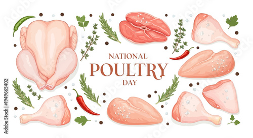 Illustration of various chicken pieces and herbs with 'National Poultry Day' text on a white background, conveying a food production concept.