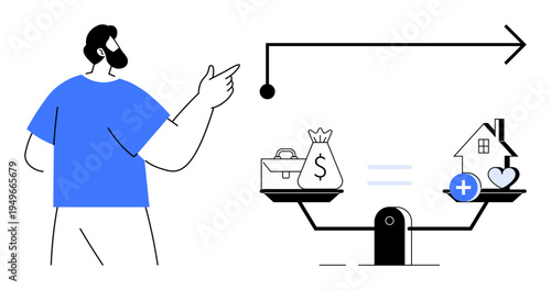Financial priorities. Visualizing financial priorities with a balance scale, weighing money, business, and life aspects thumbs up home and health. Financial decisions, goal setting, prioritization