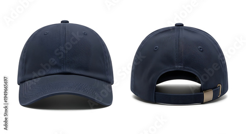 Front and back view of a plain navy blue baseball cap with an adjustable strap and metal buckle on a white background.