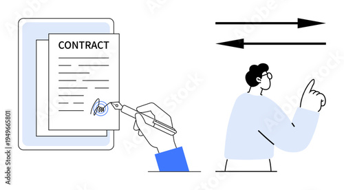 Business agreements, e-signatures, legal documentation, negotiation processes, remote deal closing, contract management. A digital contract being signed and a person making a gesture. E-signatures