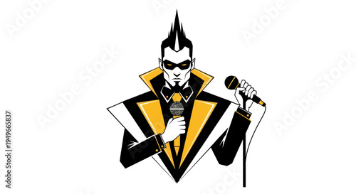 Stylized illustration of a performer holding a microphone against white