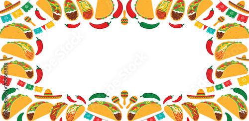Fiesta Food Border with Tacos, Chili Peppers, and Maracas on a White Background