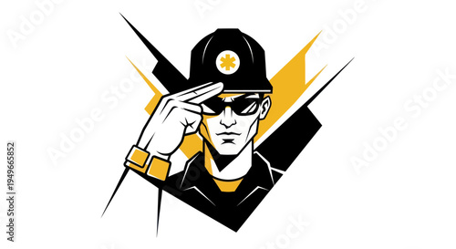 Stylized illustration of a person in uniform saluting with graphic elements