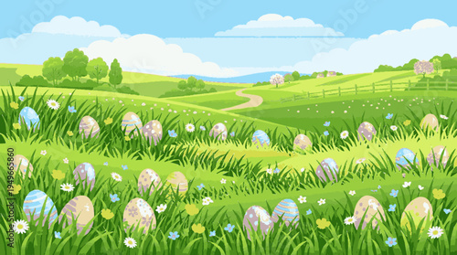 Vibrant spring landscape with colorful eggs in lush green grass and flowers under blue sky with white clouds