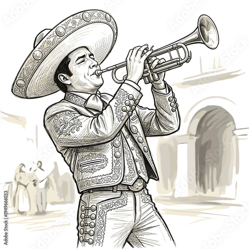 Dynamic illustration of a skilled mariachi trumpeter in traditional attire, joyfully playing his instrument, embodying the spirit of Mexican cultural festivities
