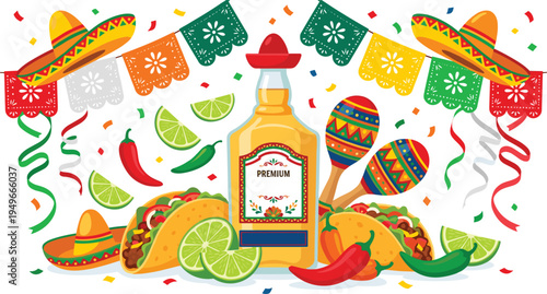 Vibrant Mexican Fiesta Celebration with Traditional Food, Drinks, and Festive Decorations, Perfect for Cultural Events and Party Invites