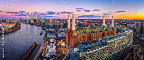 Canvas Print Christmas at Battersea Power Station panorama on River Thames, London UK