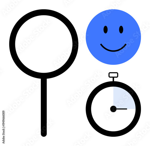 Search concept. Magnifying glass highlighting focus on details and understanding. Search combined with efficiency ed by stopwatch and positivity d by happy face. Perfect for research, time