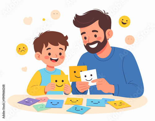 Father and son happily playing with emotion cards, learning about feelings together