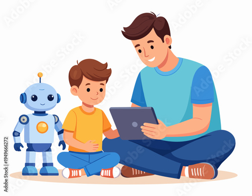 Father and son with robot looking at a tablet, learning and technology concept