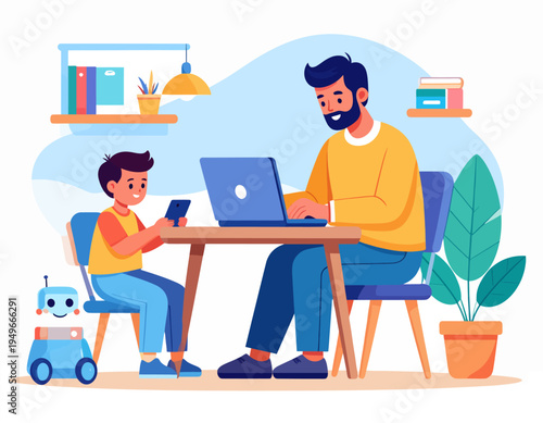 Father and son learning coding with a robot, engaging in educational technology and future skills development together at home