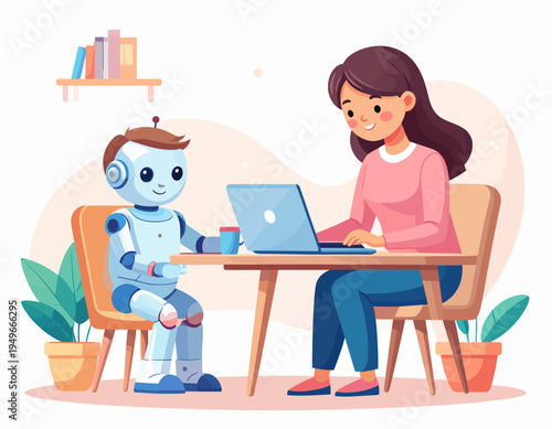 Woman and robot interacting at a table with a laptop, representing futuristic technology and companionship
