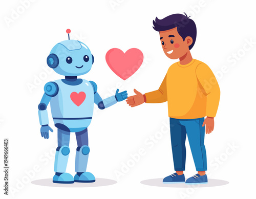 Smiling robot and young man shaking hands, symbolizing positive human-AI interaction, trust, and future collaboration. A heartwarming concept of technological companionship and progress