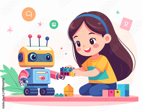 A cheerful young girl and a friendly robot companion playfully engage with vibrant building blocks, symbolizing children's early STEM education and fostering technological literacy