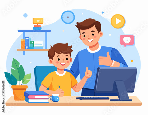 Father and son learning together online on a computer, father giving thumbs up gesture