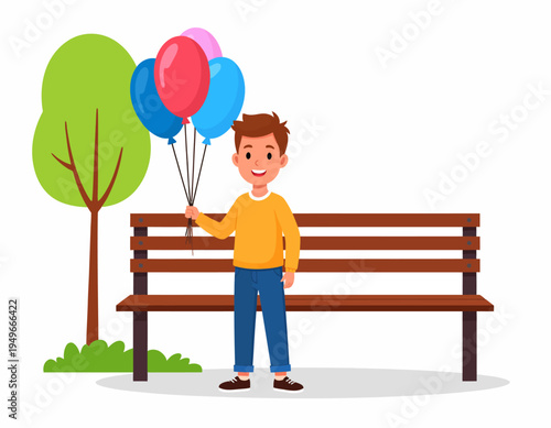 Happy boy holding colorful balloons standing next to a park bench and a green tree, illustration