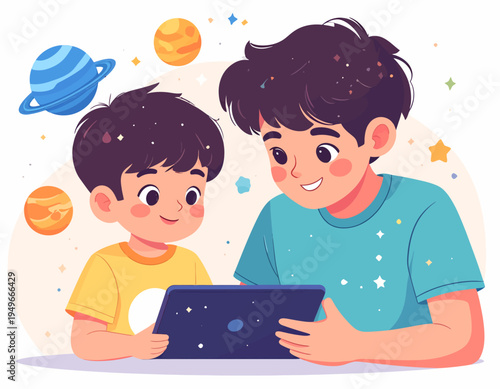 Two happy young boys engaged in interactive learning on a tablet, exploring the cosmos and planets, fostering curiosity about science and the wonders of the universe