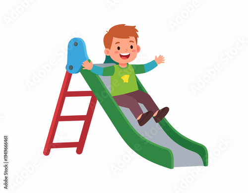 Joyful cartoon boy with red hair having fun sliding down a green playground slide, cheerful childhood activity illustration isolated on a white background