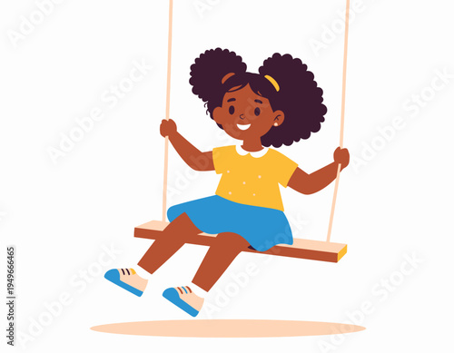 Joyful young African American girl swinging happily in a park, smiling cheerfully, a delightful illustration of childhood fun and outdoor play