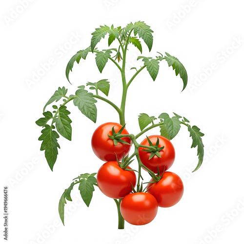 Ripe red tomatoes on a green vine isolated on a transparent background