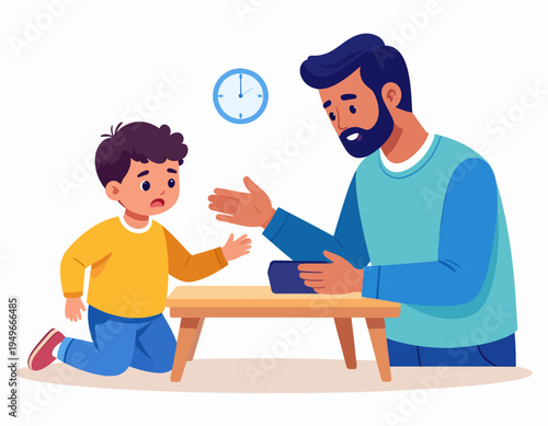 Father gently instructing his young son at a table, with a clock in the background indicating time is passing