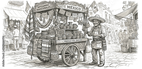 Traditional Mexican street vendor with handcrafted pottery and textiles cart. Monochrome illustration captures a vibrant local market scene and cultural heritage