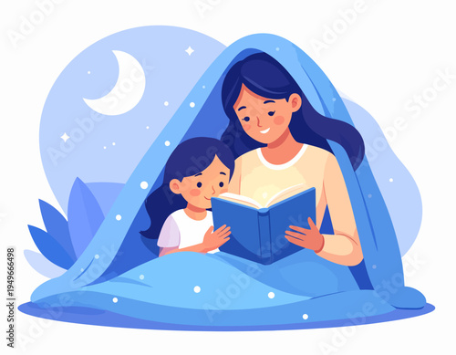 Capturing the heartwarming moment of a mother and daughter sharing a magical bedtime story under a cozy blanket fort, fostering imagination and cherished memories