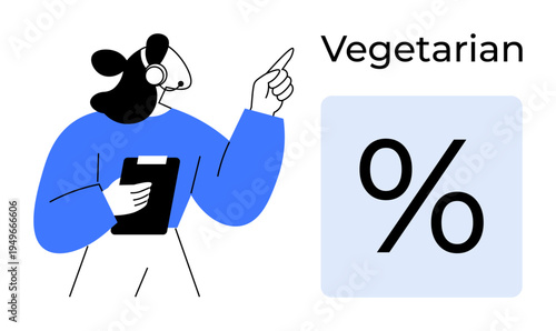 Nutrition trends, vegetarianism, data analysis, health awareness, food choices, statistical insight. Woman with clipboard pointing to percentage symbol. Vegetarianism and nutrition trends concept