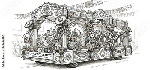 Detailed monochrome illustration of a festive cultural parade float, adorned with traditional decorations and figures, celebrating heritage and community spirit with intricate artistry