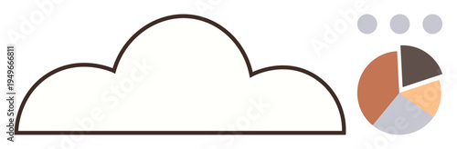 Cloud computing, data analytics, technology, storage, information sharing, digital tools. Minimal cloud outline next to a segmented pie chart graphic. Cloud computing and data analytics concept