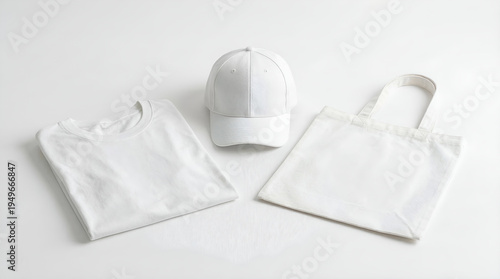 Collection of pristine white apparel and accessories a folded t-shirt, baseball cap, and tote bag. Perfect mock-up templates for custom branding, design, or promotional purposes