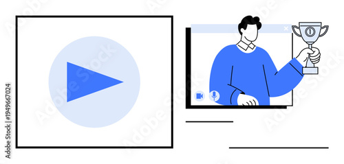 Play button alongside a screen displaying a person holding a trophy, symbolizing video content creation and achievement. Ideal for content platforms, online awards, streams, media, success, branding