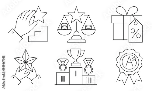 Business achievement and reward icon set. Features star goal reaching, financial balance scale, gift discount, prestigious award, victory podium, and excellence seal in thin line style.