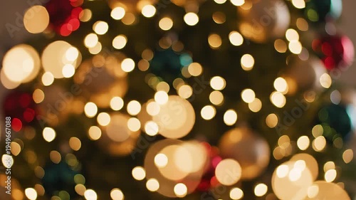 A Christmas tree adorned with colorful ornaments and twinkling lights indoors at night.