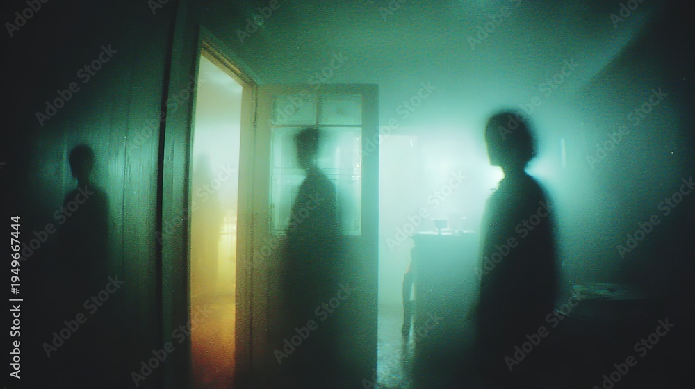 Fototapeta premium Blurry grainy green light on humanoid silhouette background, low resolution dark VHS found footage style effect