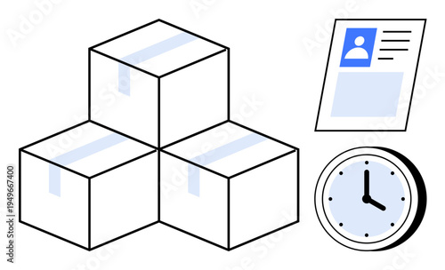 Logistics concept. Boxes, identification card, and clock highlight optimized logistics, timely delivery, and organization. Logistics for supply chain, shipping, e-commerce delivery apps time