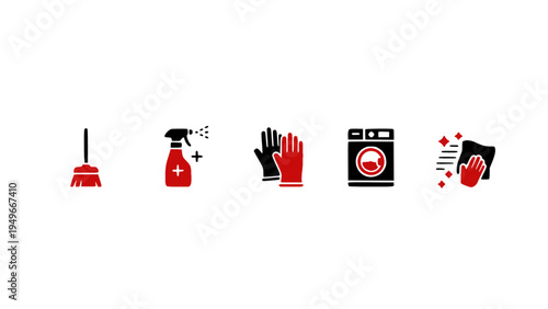 Vector icons showing cleaning tools, hygiene equipment, and household maintenance items.