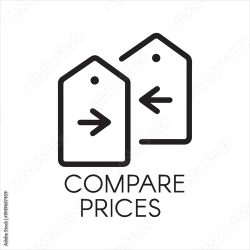 Compare prices icon drawing in line design. Financial comparison outline pictogram. Price-tag with arrow label