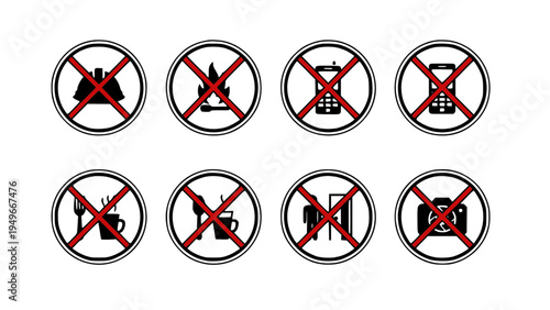 Warning symbols indicating restrictions on food, beverages, and eating activities.
