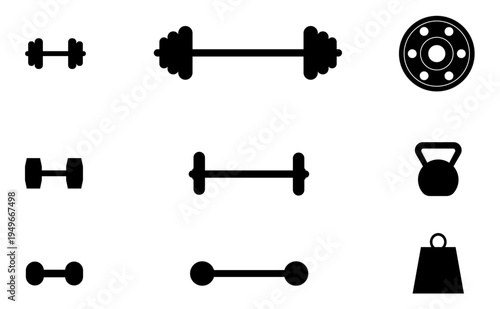 Ilustración de silueta de pesas, barras, mancuernas y disco. Vector de herramientas de gimnasio. Icono de ejercicio, deporte y salud para sitio web, folleto, app y otros.